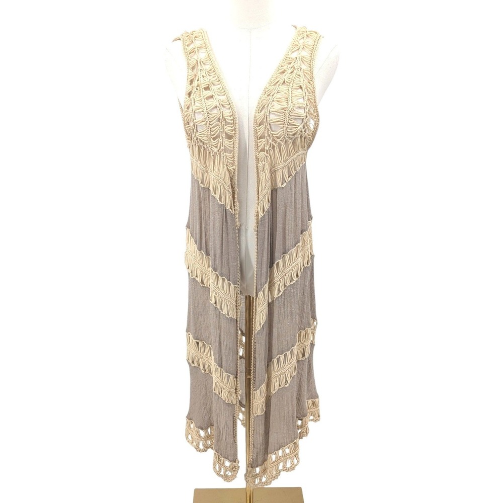 Umgee Crochet Fringe Duster Vest Boho Festival Longline Cardigan M